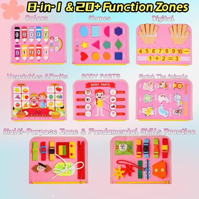 Busy Board for Toddlers，Montessori Busy Board with Sensory Activities, Fine Motor Skills Learning Toy, Travel Activity Book for Airplane and Car, Educational Gift for Boys and Girls