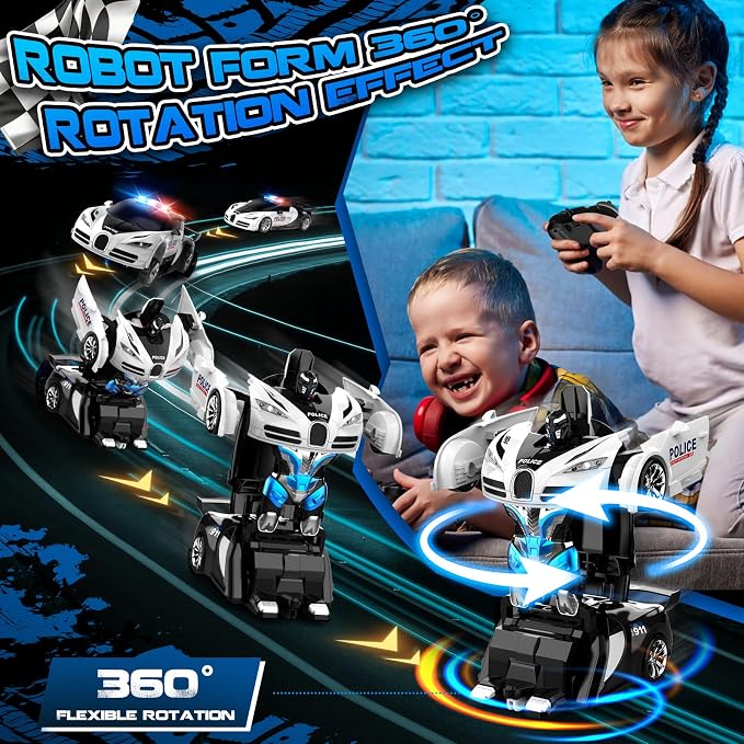 Remote Control Car, One-Click Becoming Robot Transforming Toys Car for Boys, Smooth Deformation, Demo Mode, 360° Rotation, Easy to Use, 2.4GHZ, LED Light, RC Cars for Christmas, Kids, White