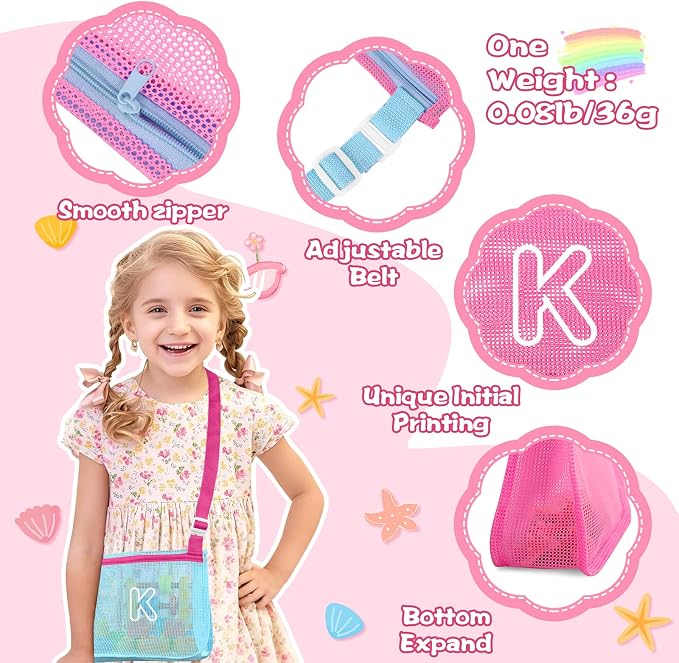 3Pcs Personalized Kids Beach Shell Bag, Initial Seashell Mesh Zipper Beach Pouch, Shell Collecting Bag for Holding Shells with Adjustable Straps, Sand Toys Swim Pouch Gift for Girl Boy Teens(Letter K)