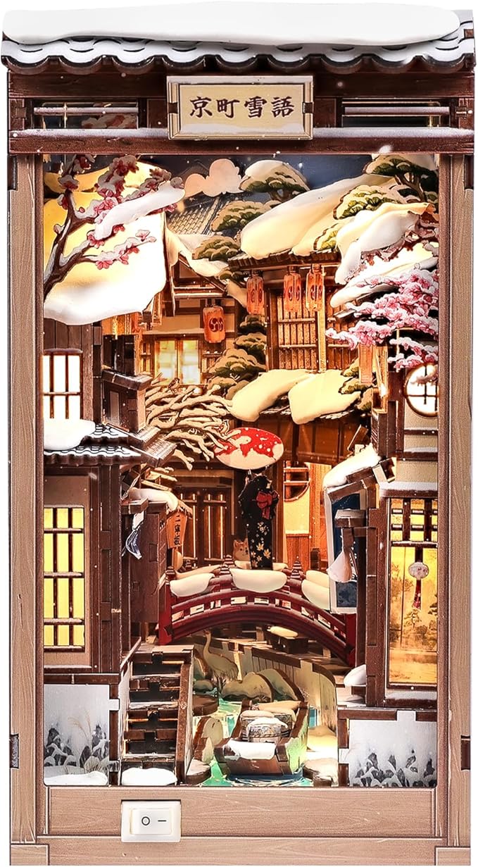 Fsolis Book Nook Kit for Adults – Japanese DIY 3D Wooden Puzzles | Japan Winter Scene Miniature House Building Bookshelf Diorama Gift for Women Puzzle Lovers (Kyoto Snow Whisper)