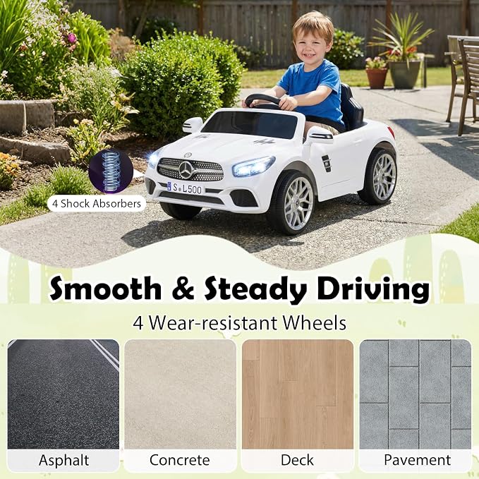 Costzon Ride On Car, 12V Licensed Mercedes Benz Electric Vehicles with Parent Remote Control, LED Headlights, Music & Wireless Connection, Kids Car for Boys Girls Aged 3-8 (SL500,White)