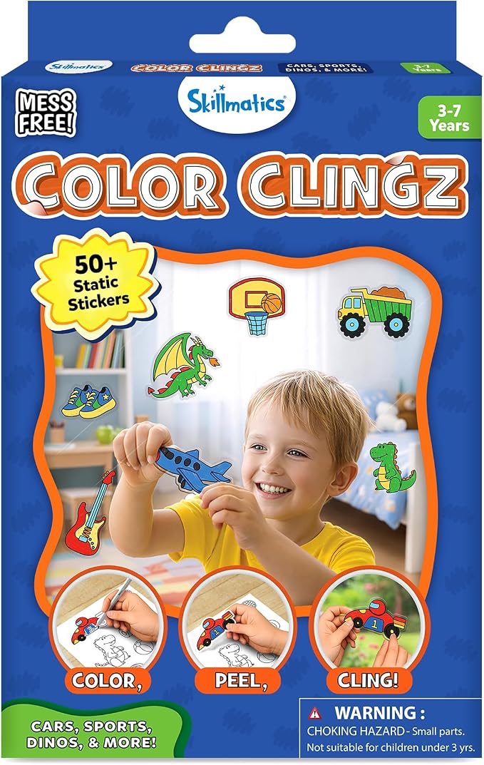 Skillmatics Cling Art – Color Clingz, 50+ Reusable Static Stickers, Mess-Free Fun for Kids, DIY Craft Kits & Supplies, Travel Toys, Creative Gifts for Boys and Girls Ages 3, 4, 5, 6, 7