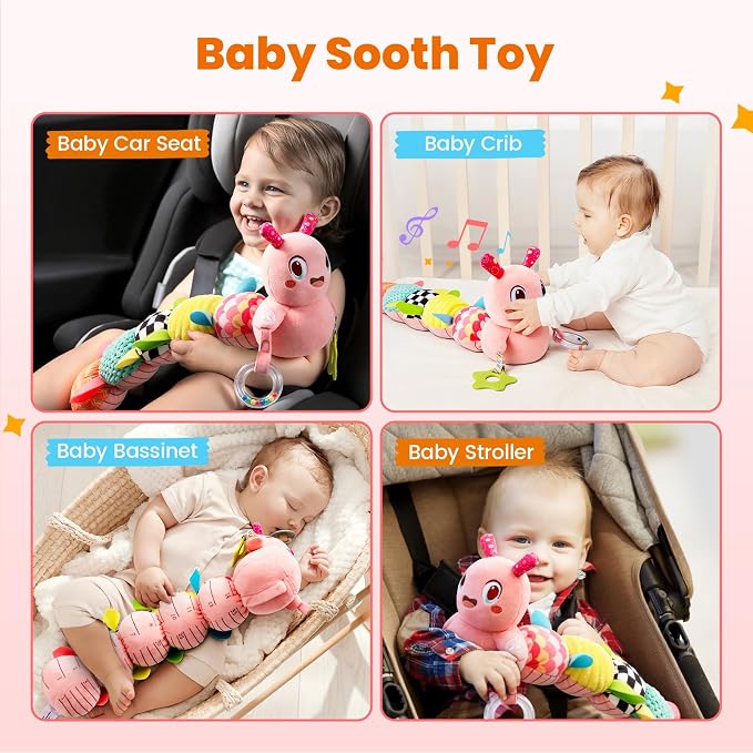 GoGonova Musical Caterpillar Baby Sensory Toy for Infant Development 0-12 Months – Tummy Time Crawler & Teether – Newborn Bath, Car Seat, Stroller & Bassinet Activity Toy & Gift(Pink)