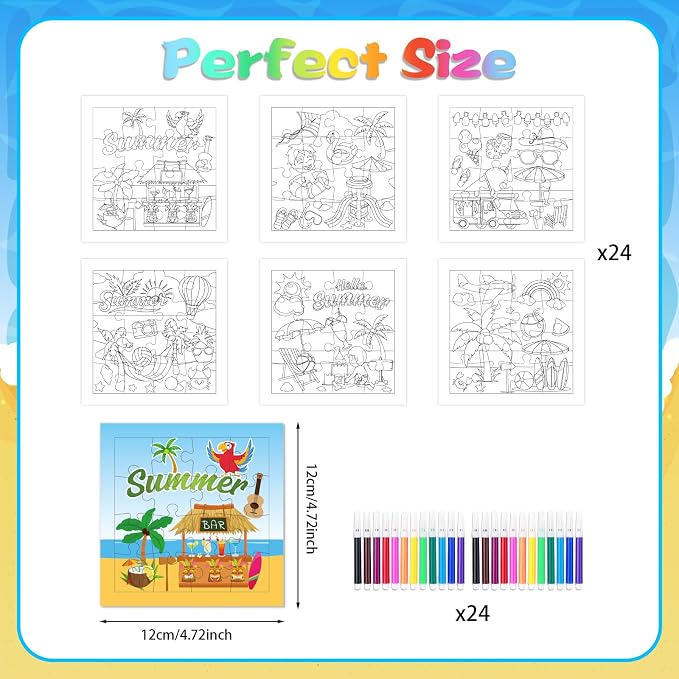 Fennoral 24 Pack Summer Craft Kit for Kids Bulk Make You Own Summer Jigsaw Puzzle with Base Design DIY Coloring Art and Craft for Classroom Activity Luau Party Supplies Birthday Gifts,4.7inch