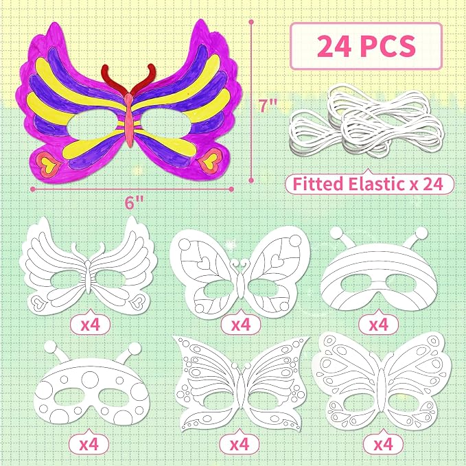 24 PCS Color Your Own Paper Masks, DIY Masks Craft Art Kits for Kids, Birthday Party Favors, School Coloring Activities
