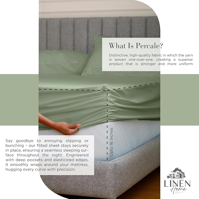 Linen Home 100% Cotton Percale Sheets California King Size, Oil Green, Deep Pocket, 4 Pieces Set- 1 Flat, 1 Fitted and 2 Pillowcases, Crisp Cool and Long Staple Strong Bed Linen
