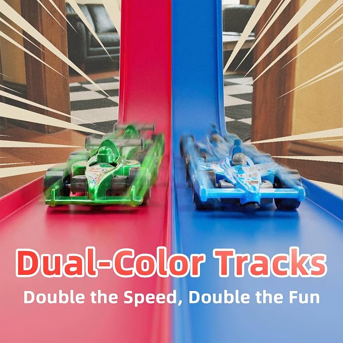 15 Ft Flex Race Car Track for Kids, Flexible Track with 3 Cars, 3 Suction Cups, Compatible with 1:64 Diecast Cars, Window Tile Racing Toy Ages 3+, Red Blue