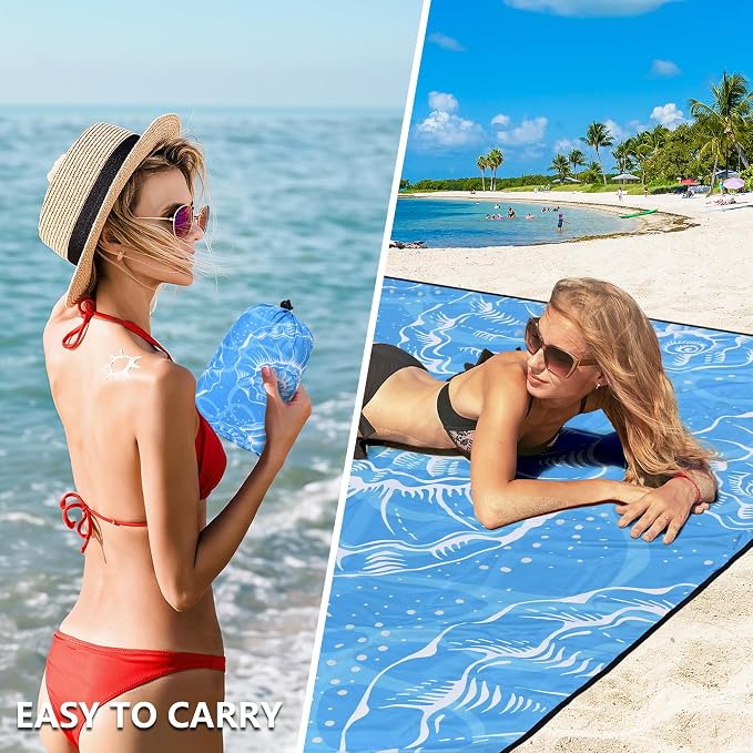 WIWIGO Beach Blanket Waterproof Sandproof Beach Mat 79" X 83"/10'x9'for 2-8 Adults Quick Drying Outdoor Picnic Mat Beach Accessories for Travel, Camping, Hiking