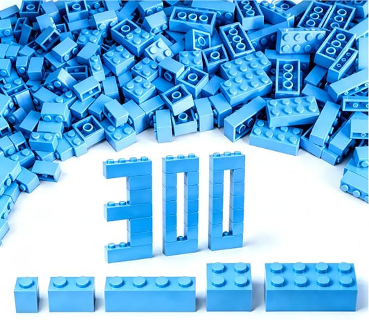 300Pcs Building Brick Bulk, Sky Blue Bulk Bricks with 5 Sizes, Compatible with Lego and Parts and Pieces, Creative Building Block Toys for Boys Girls Ages 6 7 8 9 10 Years Old