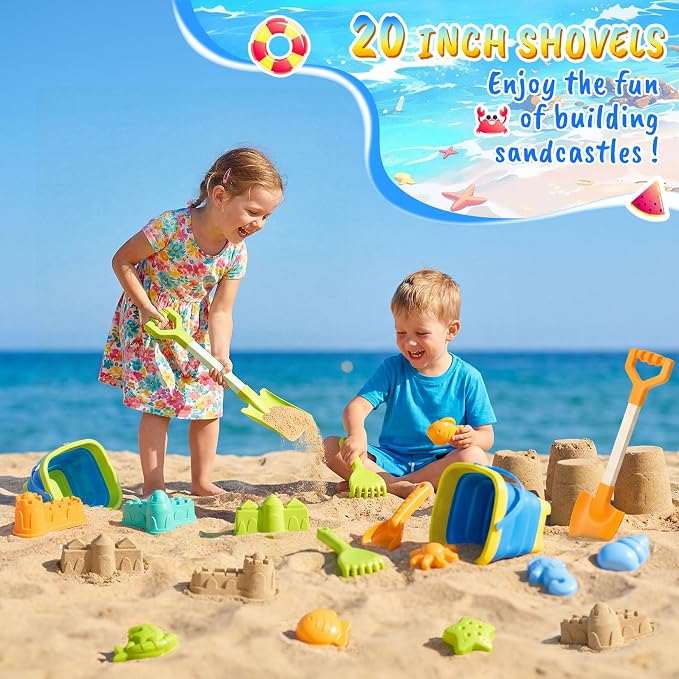 HUITEM Beach Sand Toys for Kids with 20 in Long Beach Shovels, 2 Collapsible Bucket, Sand Castle Building Kit, Sand Molds, Mesh Bag, Travel Sandbox Toys Beach Essentials for Kids Age 3-10