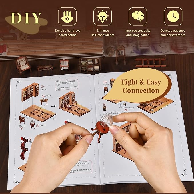 CCCDF Book Nook Kit, DIY Miniature Dollhouse Library Booknook Kit for Adults and Teens, Tiny House Bookshelf Decor with LED Light, Gifts for Family and Friends (Abbey Library)