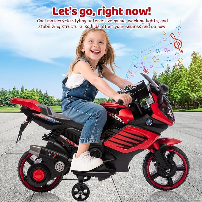 GarveeLife 6V Kids Motorcycle, Electric Ride On Car Toy with Training Wheels, Working Headlight, Horn & Music, Battery Powered Ride On Motorcycle Toy for Toddler Kids Boys Girls Ages 3-5, Red