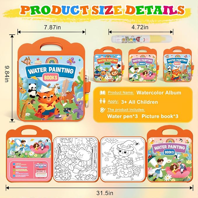 Bresdim Magic Water Coloring Book for Kids, 3Pack Reusable Mess Free Water Painting Book, Educational Toddler Toys for Travel & Home, Safe Non-Toxic Art Activity for Ages 1-3-8