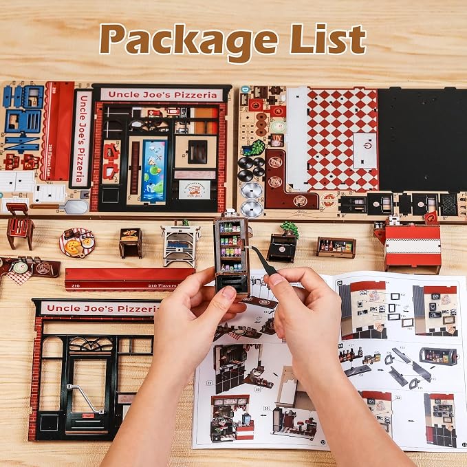 Fsolis Book Nook Kit - 3D Wooden Puzzles for Adults DIY Miniature House Kit Bookshelf Pizza Shop Diorama Gifts for Women Puzzle Lovers (Uncle Joe's Pizzeria)