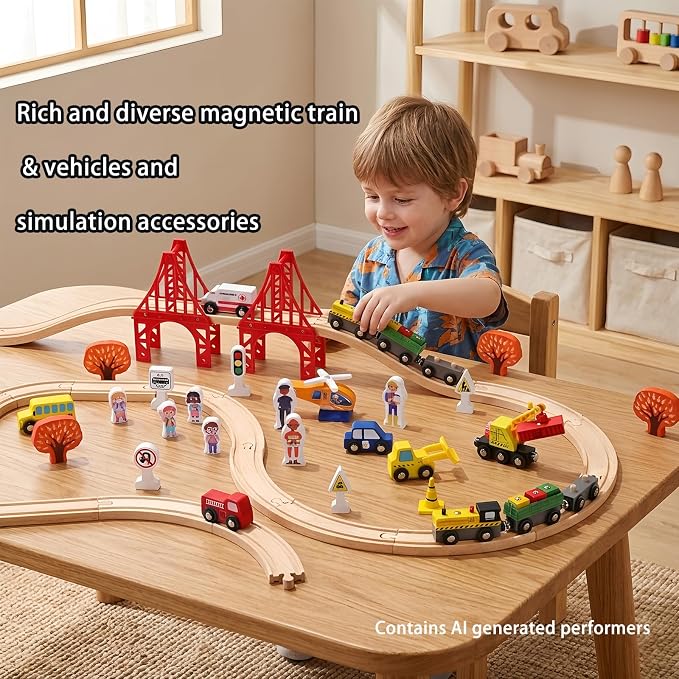 100 Pcs Wooden Train Track Set, Toy Train with Tracks for Kids Ages 3-10, Compatible with Major Brands, Railway Playset for Boys and Girls Birthday Gift
