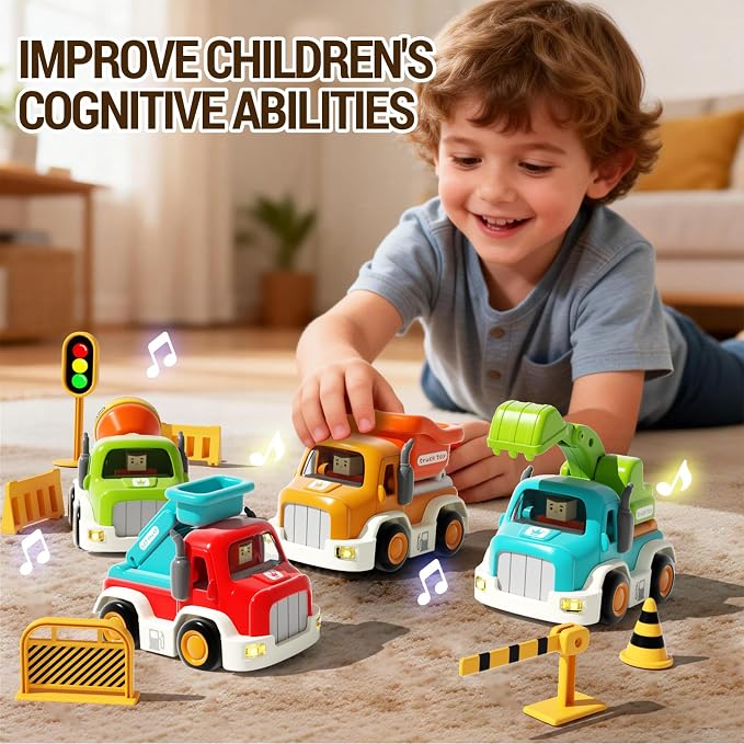 soi-meme 11-Pack Car Toys for Toddler 1-3,Push-and-Go Friction Powered Cars with Lights & Music,Truck Roadblock Toys Set,Baby Boy car Toys for 6-9-12-18 Months,for Kids Boy Birthday Gifts