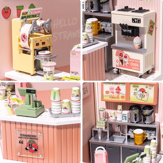 Rolife Super Creator DIY Miniature House Kit, Blind Box Display Home, No Glue Plastic Click-Assembly Stackable Room Box Toy with Type-C LED Light (DW006 Double Joy Bubble Tea)