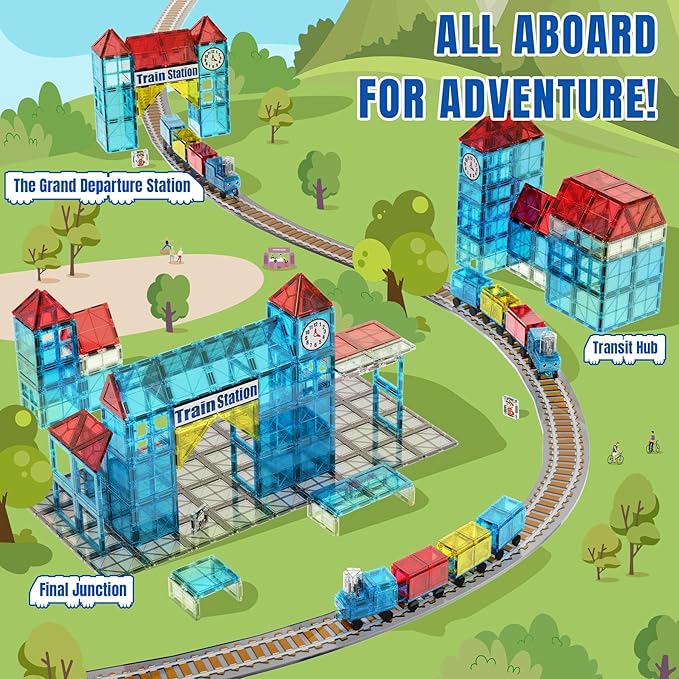 SKTMYY Magnetic Tiles Train Toys, Train Station Magnet Tiles for Kids Ages 4-8 with Magnetic Tiles Cars, Preschool Classroom Educations STEM Learning Montessori Toys Gifts for Toddler Boys and Girls