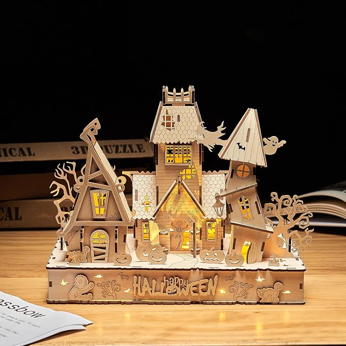 3D Wooden Puzzles Halloween House Kits Includes Light Strip, Brainteaser and Puzzle for Halloween/Birthday,Gifts for Adults and Teens to Build Combination