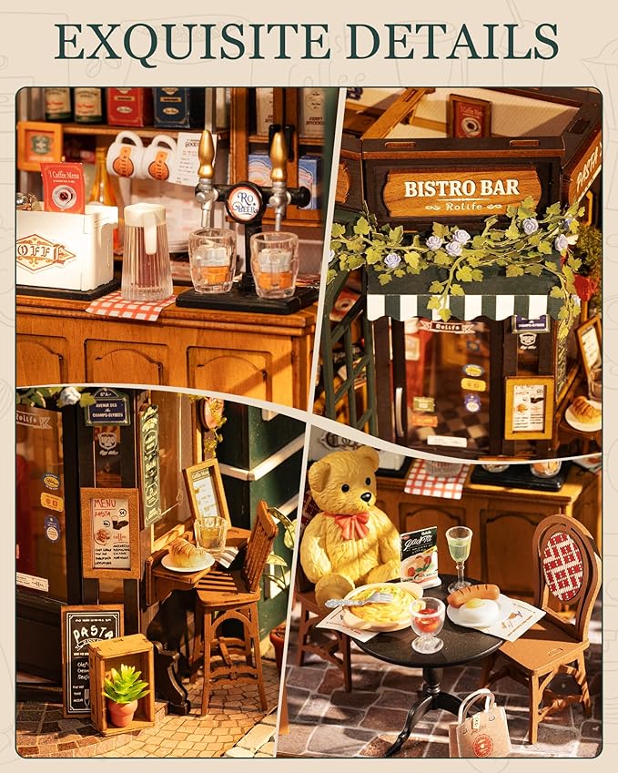 Rolife DIY Miniature House Kit for Adults, Tipsy Restaurant Mini Wooden Dollhouse Kit, 1:18 Tiny House Diorama Building Kits Birthday Craft Home Decor Hobbies Gift for Family Friends