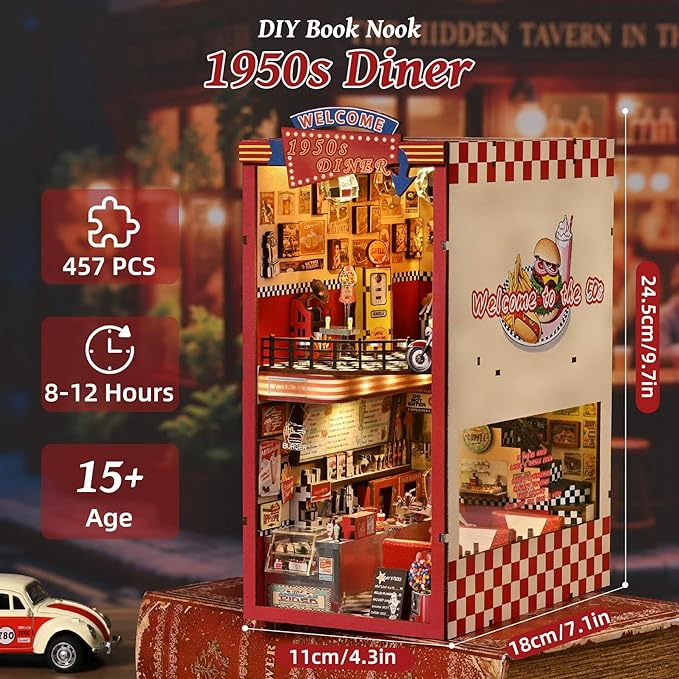fifijoy Book Nook Kit - DIY Miniature House Kit for Adults, Retro 1950s Diner Tiny House Building Kit with LED, Dollhouse Kit Bookshelf Insert Decor Gifts of Family and Friends (1950s Diner)