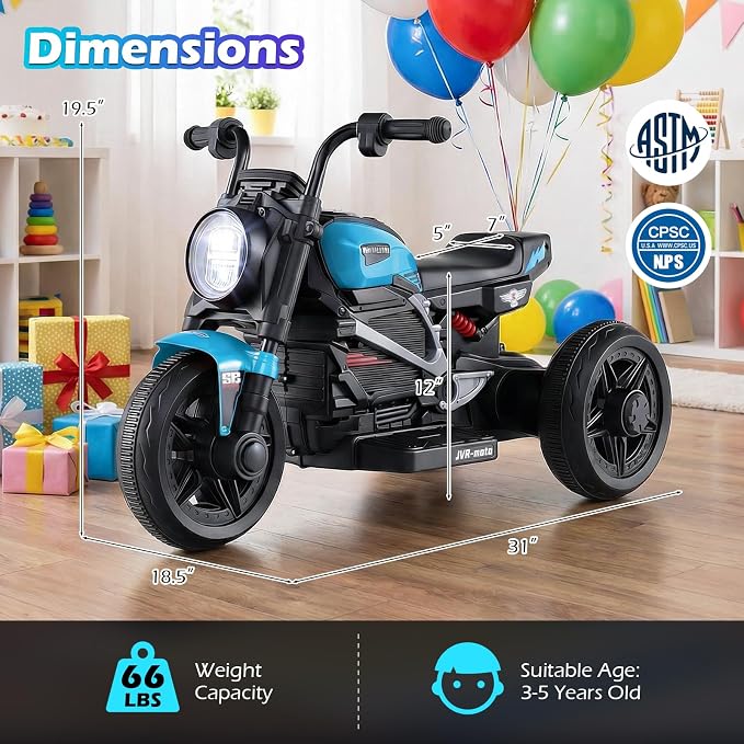 Costzon Toddler Motorcycle, 6V Chopper Kids Motorcycle Ride On Toy with LED Headlight, Music, Story, 3-Wheel Stable Electric Motorbike for Toddlers Boys Girls (Blue, 31" x 18.5" x 19.5"(L x W x H))