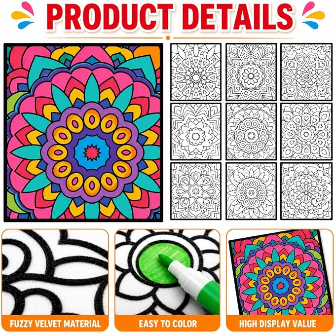 Cinrobiye 48 Pcs Velvet Coloring Posters Mandala Fuzzy Posters to Color Bulk Felt Mandala Coloring Page Craft for Adults Teenagers All Ages Classroom Assisted Living Festive Holiday Art&Craft Activity
