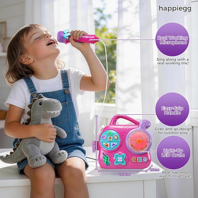 Kids Karaoke Machine with Microphone: Toddler Music Player & Light-Up Drum - Sound Toy with Handle for Boys Girls 3+, Pink