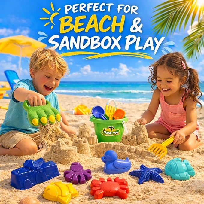 Liberty Imports 13 PCS Beach Sand Toys, Dinosaur Claw Hand Scoop Play Set with Bucket, Shovel Tools, Animal and Castle Sand Molds - Beach Sandbox Toys for Toddlers & Kids