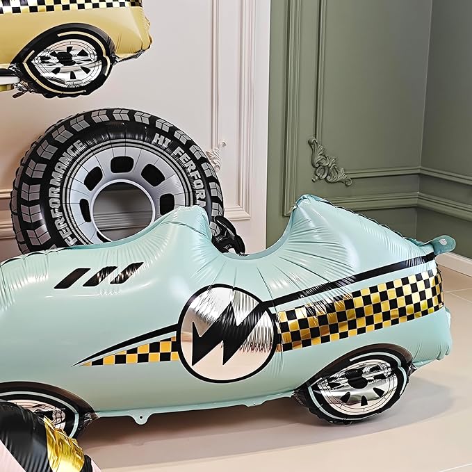 3D Self Standing Race Car Tire Foil Balloon Blue Car Balloon For Birthday Boy Race Themed Party Baby Shower Decorations Supplies