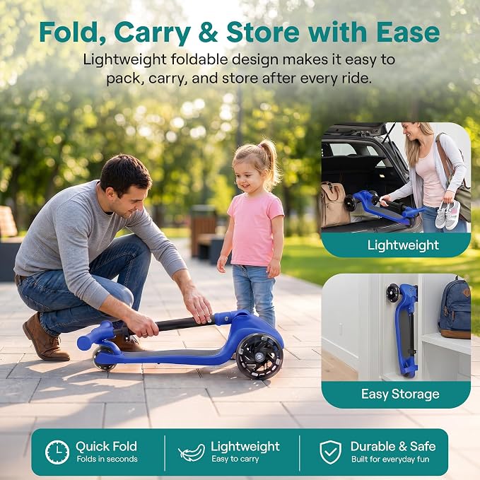 SereneLife Toddler Scooter, Adjustable Micro Scooter for Ages 2-5, Lightweight Kids 3 Wheel Design with LED Light-Up Wheels, Anti-Slip Deck & Lean-to-Steer Control, Indoor/Outdoor Use (Blue)