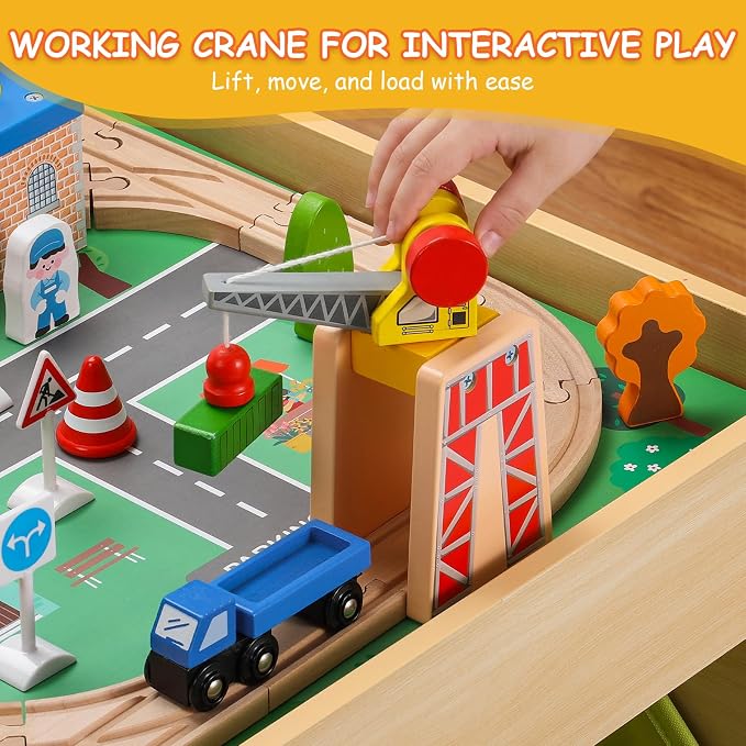 SainSmart Jr. Wooden Train Table – Kids Play Table with Built‑in Storage & Wooden Train Set | Toddler Activity Table Set for Ages 3+, Compatible with Major Wooden Train Brands