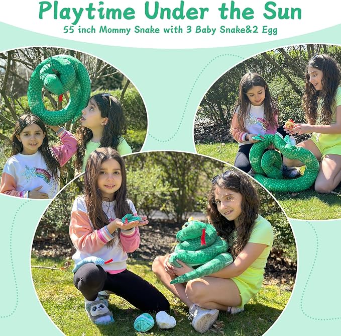Muiteiur Giant 6 Piece Snake Stuffed Animal, 55 inch Mommy Snake with 3 Baby&2 Egg, Green Large Jungle Plush Toy, Realistic Serpent Plush Toy Gift for Kids Girls Boys