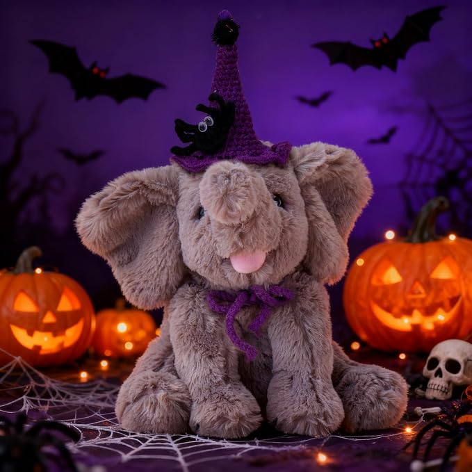 Hopearl Adorable Halloween Plush Calf Elephant Toy with Knitted Witch Hat Floppy Elephish Ultra Soft Haggable Stuffed Animal Gift for Boys Girls Kids Toddlers, Gray, 10''