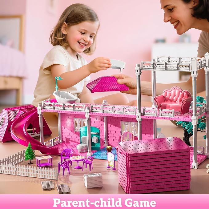 JUKUDAHU Villa Playset for Girls Ages 3-7, Indoor Playset Girls Toys with 3 Storeys 7 Rooms 2 Dolls for Ages 6-8, Furniture and Accessories, Pretend Toddler Toy, Birthday Gifts for Kids 3 4 5 6 7 8