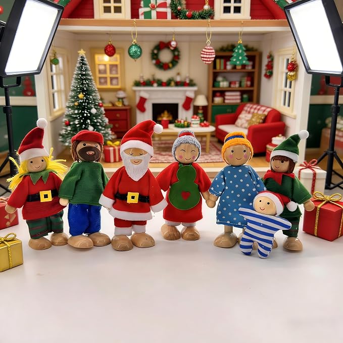 HYSTYLE 7 Pack Wooden Dollhouse Family Dolls Pretend Play Figures, Family Role Play Pretend Play People Figures