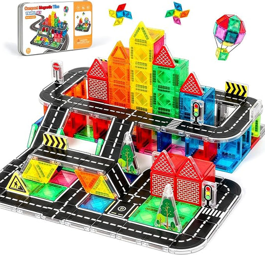 Mini Magnetic Tiles Road Track Set 56pcs – Portable STEM Travel Toy with Sturdy Metal Tin, Compatible with Major Magnetic Brands, for Kids 3 4 5+ Year Old Boys Girls