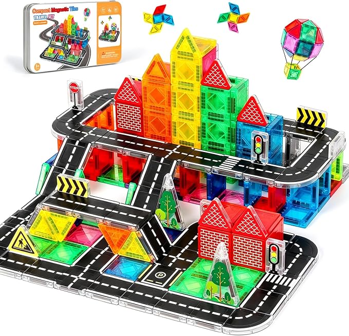 Mini Magnetic Tiles Track Set | Compact Portable Building Playset with Sturdy Storage Tin, Ideal Birthday for Kids (40)