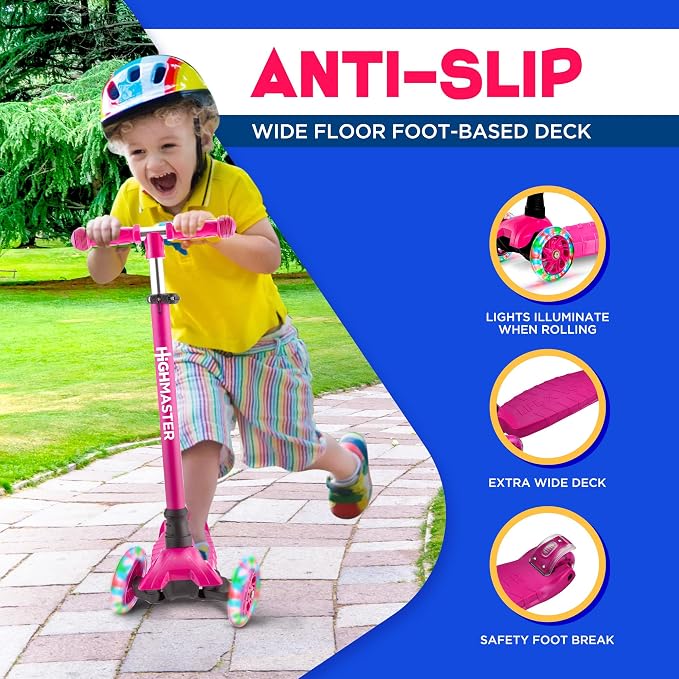 HighMaster Kids Scooter – 3 Wheel Kick Scooter for Children and Toddlers – Adjustable Handlebar with LED Wheel Lights – Indoor and Outdoor Fun