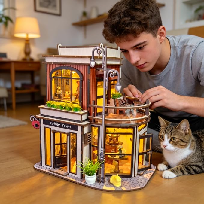 DIY Coffee Shop Book Nook Kit for Adults with LED Lights | 3D wooden puzzle, miniature dollhouse bookshelf insert and desk decor, creative craft gift for birthdays and Christmas.