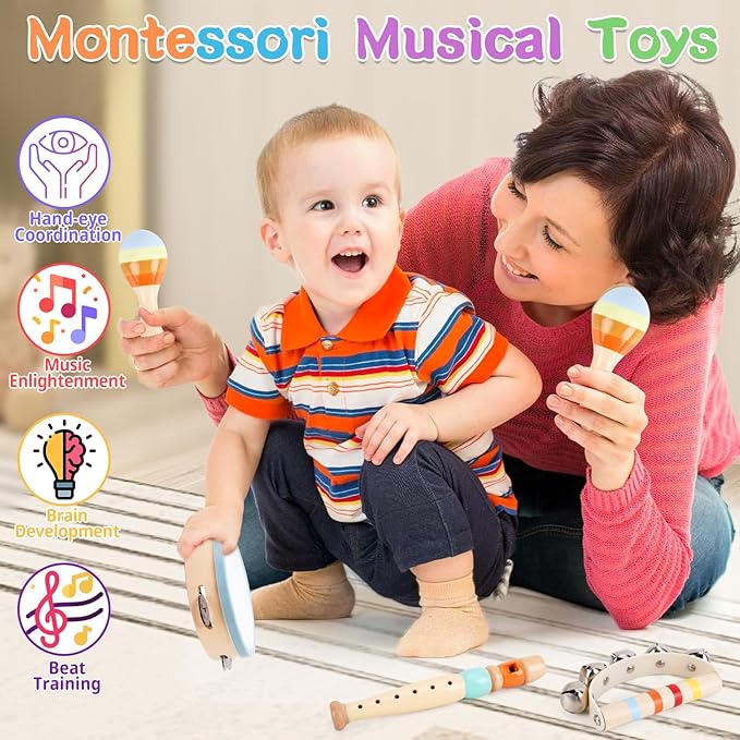 Wooden Toddler Musical Instruments Set, Montessori 18 Month Old Baby Musical Toys, Kids Percussion Instruments Xylophone Maracas for Toddlers 2 3 4, Preschool Christmas Birthday Gifts for Girls Boys