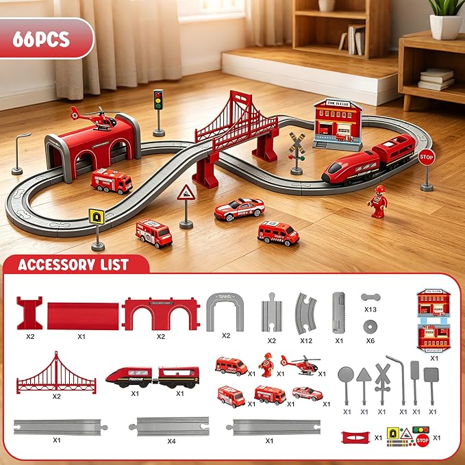 Wdmiya Train Sets for Toddlers, 66 Pcs Trains Toy with Battery Operated & Tracks (Magnetic Connection), Compatible with Thomas, Brio, Christmas Toy Gifts for 3 4 5 6 7 8 Years Old (Fire Engines)