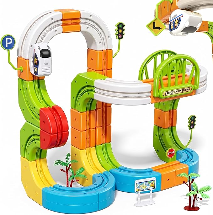 Electric Train Set for Kids 3 4 5 6 7 8, Magic Rail Block Flexible Race Track Railway Set, DIY Assembled 3D STEM Car Track Train Toys for Toddlers 3-5, Birthday Gift for Boys Girls(145 Pcs)