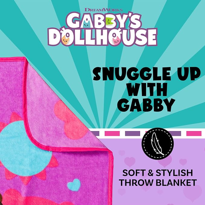 Silver Buffalo Gabby's Dollhouse Cupcake, Hearts, and Rainbows Hey Gabby 45" x 60" Fleece Throw, Soft and Cozy Blanket, 180 GSM