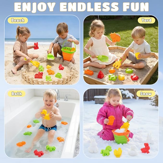 Dreamon 29PCS Beach Toys for Kids – Collapsible Beach Buckets, Shovels, Rakes & Animal Sand Molds with Mesh Bag – Farm Travel Sand Toys Sandbox Toys for Kids Ages 4-8