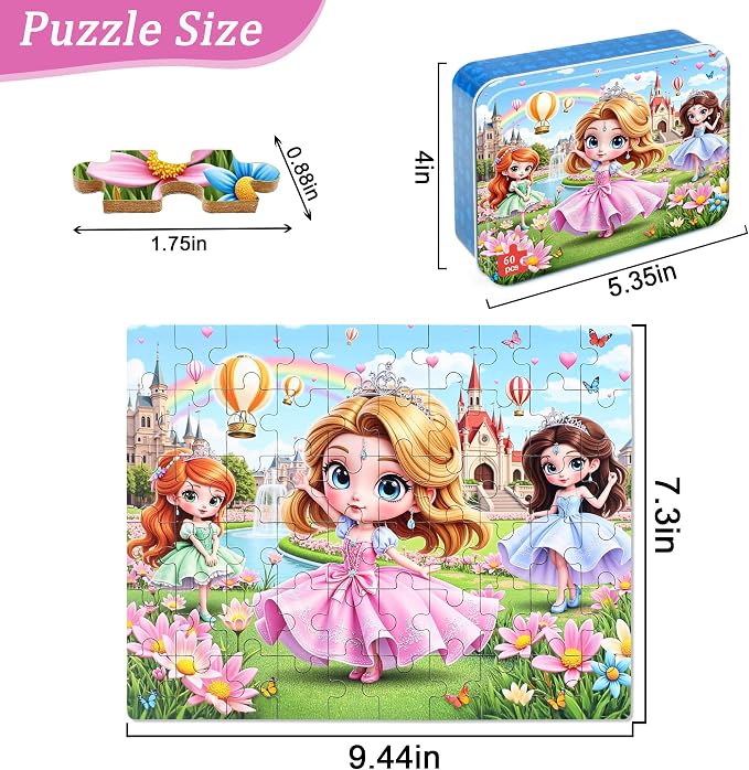 MZZOTOY Princess Puzzle for Kids Ages 4-8, 60 Pieces Jigsaw Puzzles for Kids Ages 3-5， Learning Educational Puzzles Toys Great Gift for Boys Girls in a Metal Box