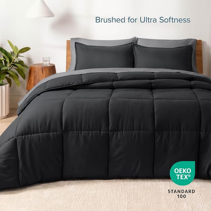Bare Home Bed-in-A-Bag 5 Piece Comforter & Sheet Set - Twin XL - Goose Down Alternative - Ultra-Soft 1800 Premium Bedding Set (Twin XL, Black/Grey)