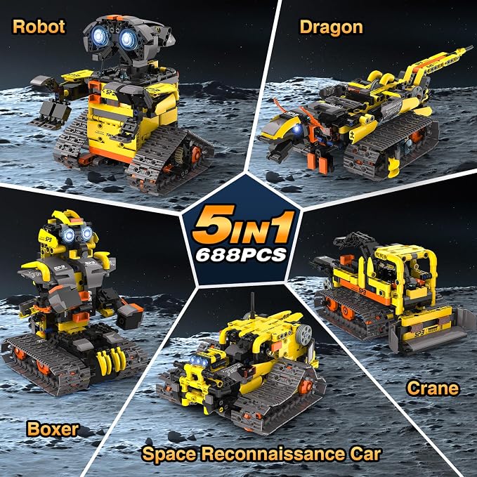 ADUSRIZ 5 in1 Stem Robot Building Kit for Kids Ages 8-13, 688 PCS Remote & App Controlled Dinosaur Car Building Toys for Kids Science Learning, Birthday Gifts for 8 9 10 11 12+ Years Old Boys Girls