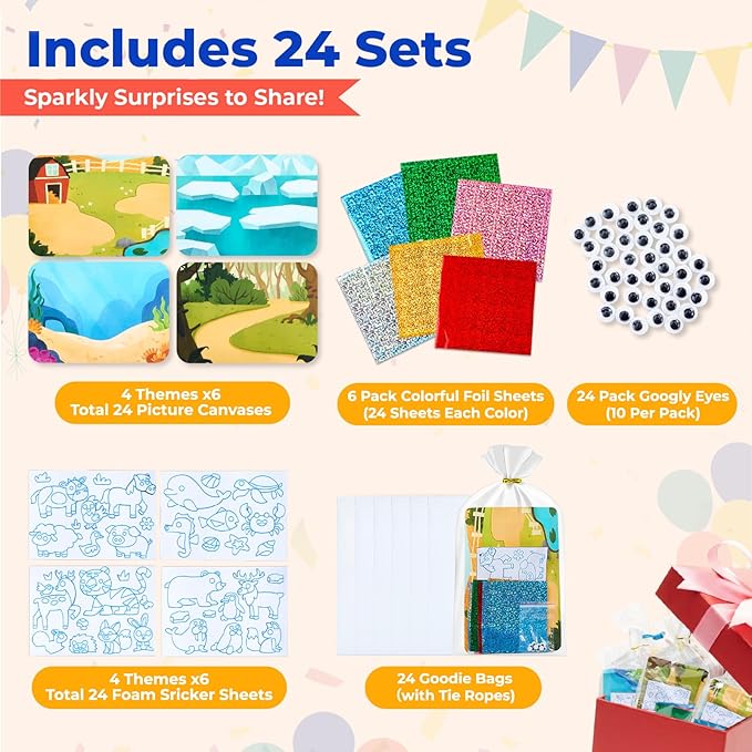 JoyCat 24 Pack Foil Art Craft Party Favors,No Mess Arts and Crafts for Kids,Goodie Bag Stuffers,DIY Creative Activity,Birthday Present for Girls Boys 4 5 6 7 8 9 Years Old(Animal)