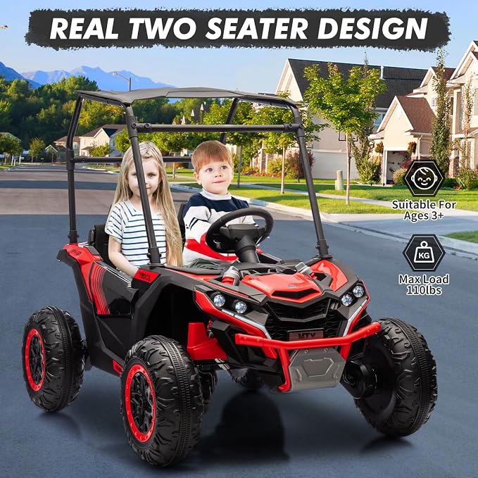Garvee 24V 2-Seater Kids Ride on Car with Remote Control 4WD Electric Truck with Sun Shade Ride on Toy Off-Road UTV with 4-Wheel Shock Absorber, LED Lights, Music
